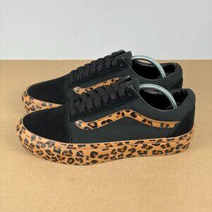 Vans Old Skool Platform Leopard Print Shoes Womens 9 Black Tan Low Top Sneakers